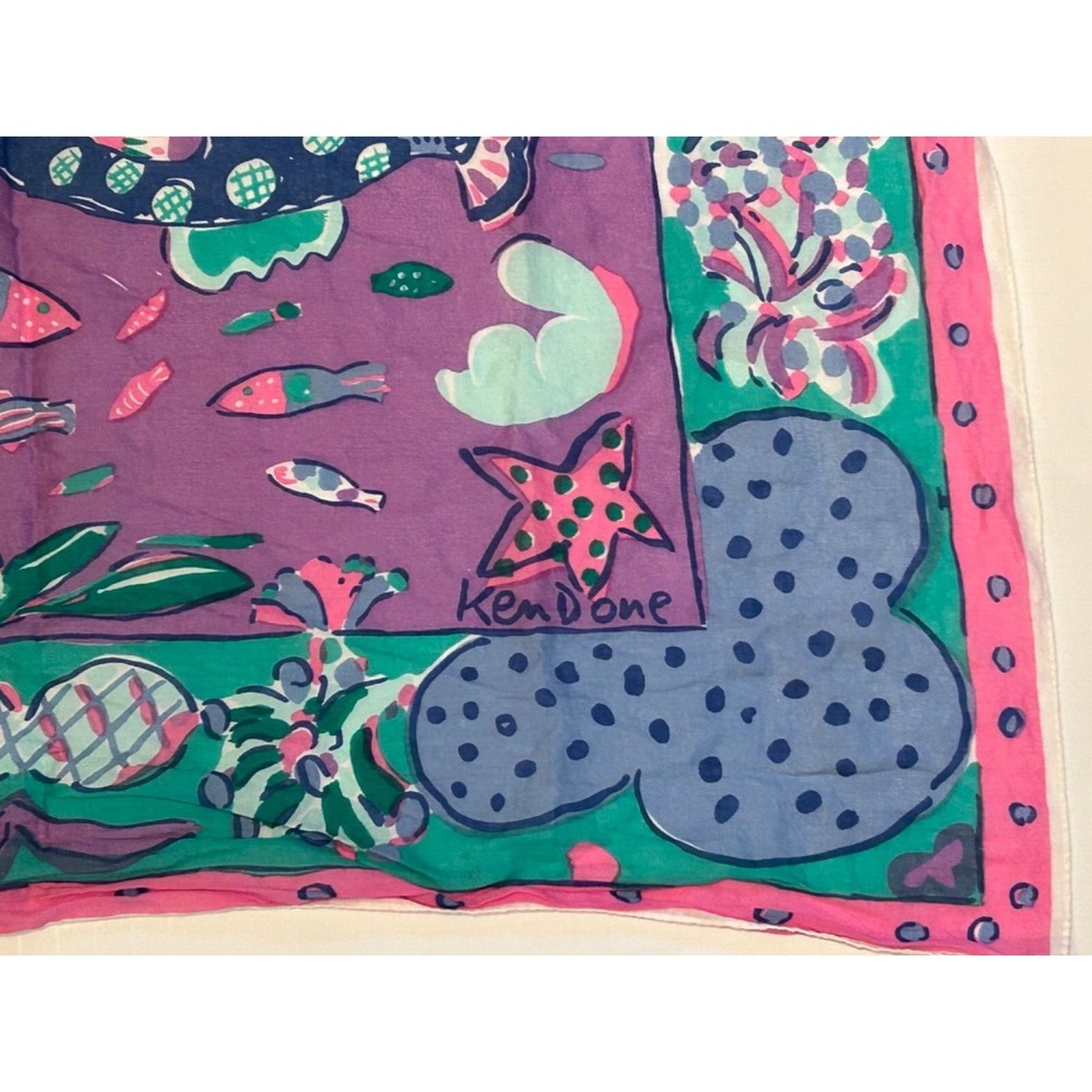 Vintage KEN DONE Fish Scarf Great Barrier Reef Ocean Scene Cotton‎ Made in JAPAN - Picture 6 of 9